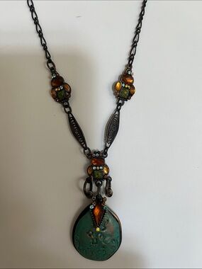 Bohemian Teardrop Pendant Necklace in Teal and Amber